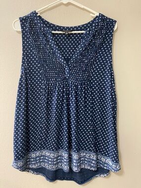 Lucky Brand womens tank top blouse size large boho navy blue v-neck floral